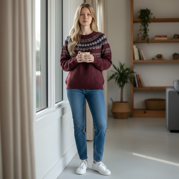 Weatherproof Vintage Sweaters - Original Weatherproof Vintage Maroon Fair Isle Crewneck Sweater Small